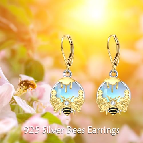 Image of LUHE Bee Earrings for Women 925 Sterling Silver Bumble Earrings with Honeycomb Honeybee Jewelry Dangle Gifts for Women