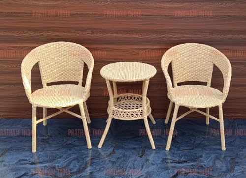 Image of PRATHAM India Outdoor 3 Pieces All Weather Wicker Patio Rattan Chair and Table Bistro Set with Powder Coated Iron Frame for Balcony, Garden, Poolside, Deck. (Honey)