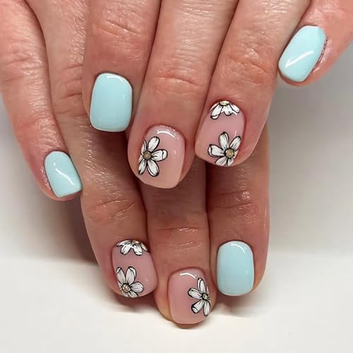 24Pcs Spring Press on Nails Light Blue Fake Nails with Cute Flowe...