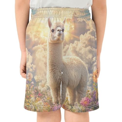 DOMIKING Alpaca Flowers Yellow Kids Shorts Pull-on Boys Shorts with Elastic Waist Casual Athletic Pants for Outdoor Playwear3