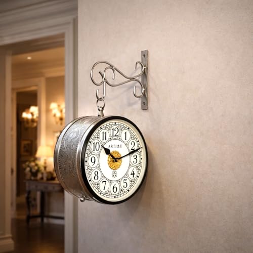 Image of Handcrafted Double Side Metal Analog Vintage Wall Clock | 1.5 Year Machine Warranty | 8 Inchs |1 Side Number & 1 Side Roman Numeral | Black Finish