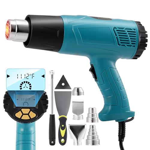 Pistola de Calor 2000 W, Pistola Aire Caliente con 7 Accesorios de Boquilla, 50 ~ 600 ° C Temperatura Ajustable, Pistola de Aire Caliente con Pantalla LCD Digital, Protección Contra Sobrecarga