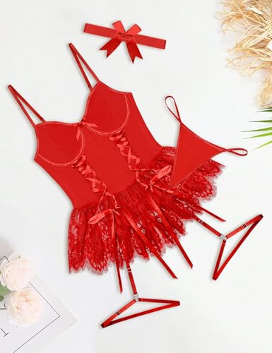 Image of Mixxmix Women Sexy Lingerie Set Naughty Lace Up Corset Bodysuit Underwire Lingerie Babydoll With Garter Belt and Bow Tie
