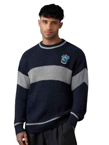 Image of The Souled Store Harry Potter: Lion's House Men and Boys Full Sleeves Crew Neck Striped Acrylic Ribbed Knit Pop-Culture Oversized Pullovers