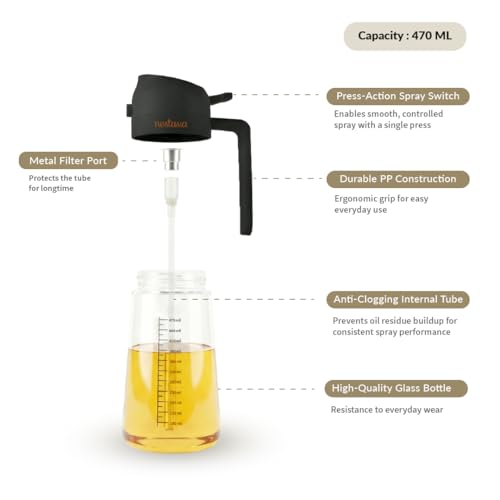 Image of Nestasia 2 in 1 Oil Sprayer & Dispenser Glass Bottle for Kitchen (470ml) - Vinegar & Olive Oil Bottle with Measuring Spoon for Healthy Cooking, Salad Dressing, Air Fryer, BBQ & Grilling (Black)
