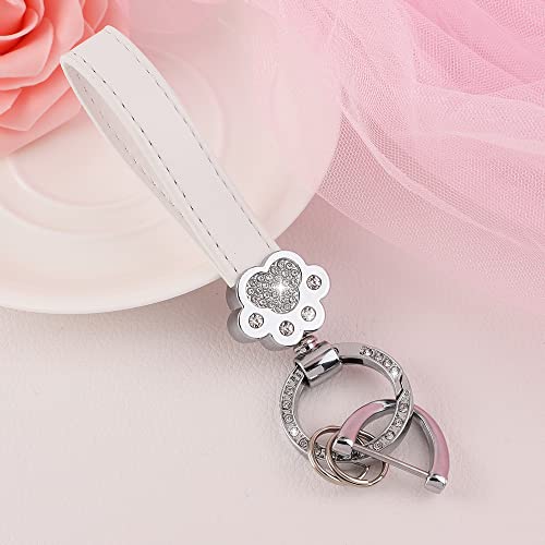 Uhonsn Bling Leather Car Keychain Cute Cat Paw Keychains For Women Girl Anti-Lost Car Key Fob Key Chain Holder For Men Sparkly Rhinestones Zinc Alloy Keyrings White #TOP3