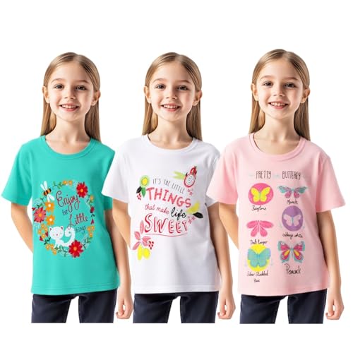 Image of HILEELANG Girl Short Sleeve Tee Shirts Cotton Casual Summer Graphic Tops T-Shirts Multipack