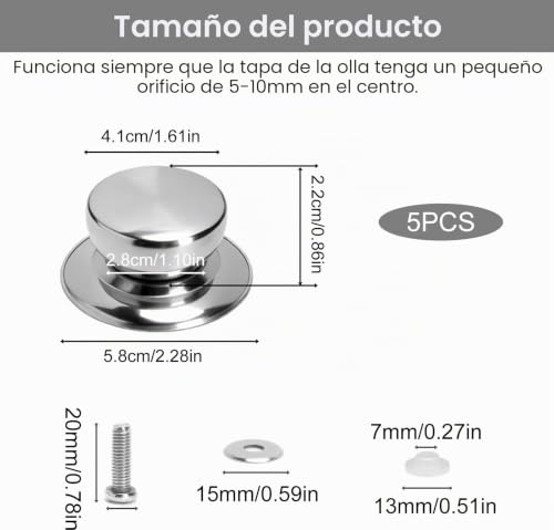 Miniatura 3 de Xrvrile Pomo Tapa Acero Inoxidable Universal Repuesto Para Tapas Con Orificio Central 5 10 Mm, Resistente Al Calor Para Tapas De Vidrio Y Olla, Pomo Para Tapa Con Tornillos Set De 5