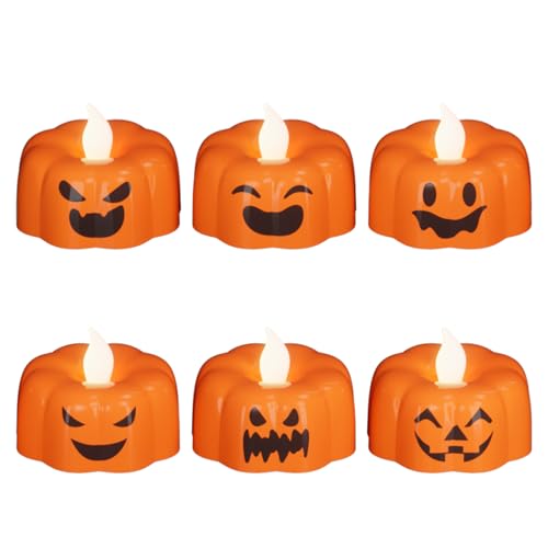 Image of Halloween Flameless Candles with 6H Timer, Pumpkin Tea Lights with Ghost Face Flickering, LED Candles Battery Operated Fall Decor 6 Pack Φ 1.9 inch H 1.6 inch for Halloween Decorations