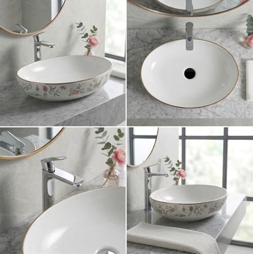 Image of BASSINO 21x14x6 Inches Ceramic Table Top Wash Basin /Designer Bathroom Sink /Luxury Countertop Vessel Basin /Oval Above Counter Basin /Wash Basin for Bathroom /Dining Hall(Glossy White Floral Print)