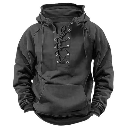 Mens Tactical Sweatshirts Lace Up Long Sleeve Hooded Distressed Pullover Cargo Sports Outdoor Hoodies with Pocket
