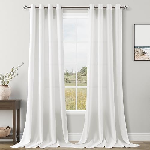 Image of Off White Linen Curtains 108 inch Length for Living Room 2 Panels Set Soft Thick Textured Grommet Semi Sheer Light Filtering Window Curtain Burlap Look Rustic Farmhouse Home Privacy Drapes 52x108