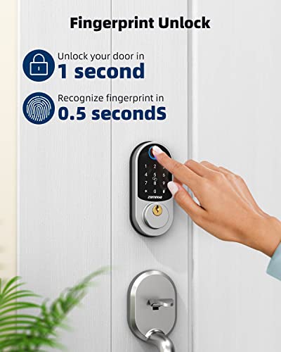 Keyless Entry Door Lock, Zomnua Fingerprint Smart Front Door Locks With Keypads, Smart Digital Biometric Electric Deadbolt Lock With Auto Lock, Fob, Code, Touchscreen,Silver #TOP1