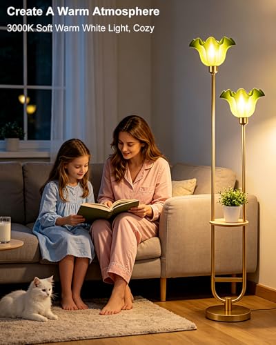 Image of Lightdot Dimmable Green Flower Floor Lamp for Living Room, Modern Mid Century Floor Lamp with Table, U-Shape 2 Lights Gold Tall Standing Lamp for Bedroom /Sofa Beside /Corner Decor(Bulb Included)