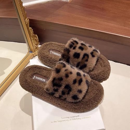 Womens Fuzzy Open-Toe Leopard Pattern Slippers Soft Comfy Memory Foam Indoor House Shoes with Cozy Plush Non-Slip Sole 3cm Thick(40/41 EU, Brown)2