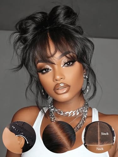 Image of UNICE Loose Wave 7x5 Lace Front Wigs Human Hair with Curtain Bangs Bye Bye Knots Glueless Human Hair Wig Pre Plucked Pre Cut Bleached Knots Put on and Go Wig for Women 180% Density 18 Inch