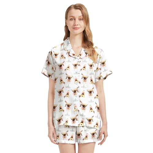 Image of Silk Satin Pajama Set for Women Summer Lounge Pjs Sets 2 Piece Suit Ladies Button Down Tops And Shorts Sleepwear