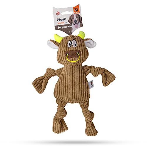 Image of BarkButler x Fofos Fluffy Cow Stuffed Soft Squeaky Plush Dog Toy,Brown|for X-Small- Small Dogs(0-10kgs)|Knotted Legs|Squeaker|Machine Washable|Corduroy Fabric|for All Breeds|Cuddle, Chew, Fetch