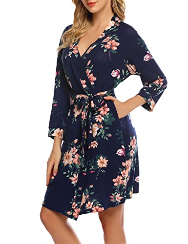 Hotouch Women Kimono Robes Cotton Lightweight Robe Short Knit Bathrobe Soft Sleepwear Ladies Loungewear S-Xxl (S, Navy Floral) #TOP2
