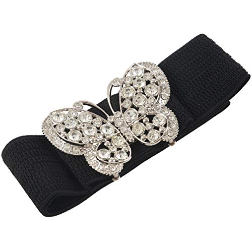 2 Pcs Women Rhinestones Accent Butterfly Hook Buckle Black Elastic Cinch Waist Belt - 56x7cm & 58x5cm, Black2