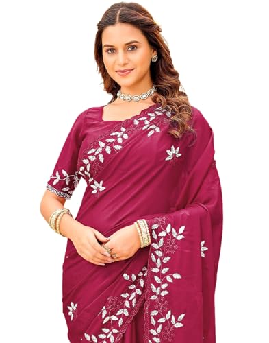 Image of SIRIL Women's Shimmer Georgette Embroidery & Scalloped Border Saree With Unstitched Blouse Piece