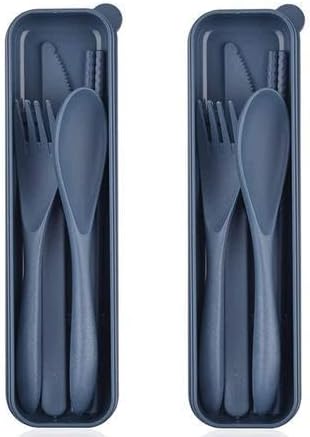 2 Pcs Travel Utensils with Case Wheat Straw Dinnerware Sets Reusable Utensils Set with Case Cutlery Set - Lunch Box Accessories for Kids Camping (Blue, 2) KOR-P077
