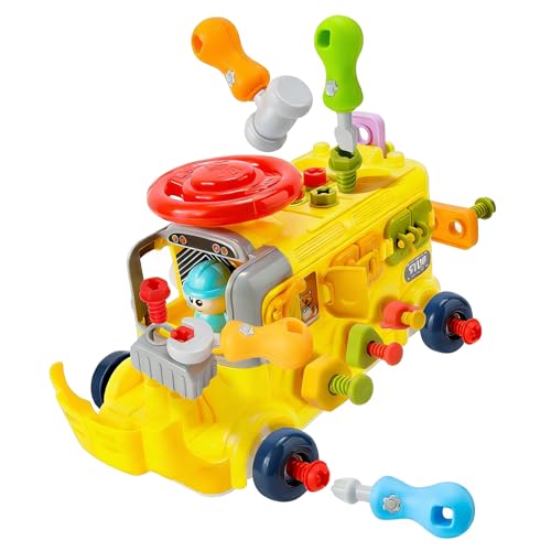 Aolieh Toddler Busy Bus Toy, Take Apart Toys School Bus with Tools, Steering Wheel & Gears, Push Go Assemble Truck, STEM Learning Fine Motor Montessori Toy, Birthday Gifts 3 4 5 6 Year Old Boy Girl