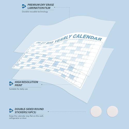 Image of 2026-2027 Dry Erase Wall Calendar - July 2026- June 2027, 35.2 inch x 50 inch, Extra Large Yearly Wall Calendar 2026-2027, 12-Month Note Section & 365 Daily Block, 10 Round Stickers, Perfect for Home, Office and School