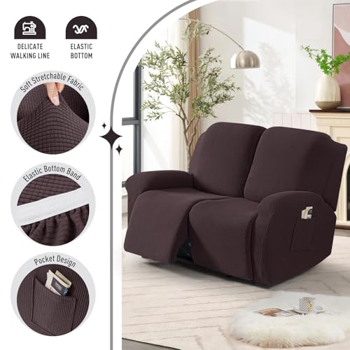 Image of TAOCOCO Recliner Loveseat Slipcover, 6 Pieces Dual Recliner Sofa Covers for 2 Seat Dual Reclining Loveseat Couch, Stretch Soft Jacquard Pattern Furniture Protector with Elasticity (Chocolate)
