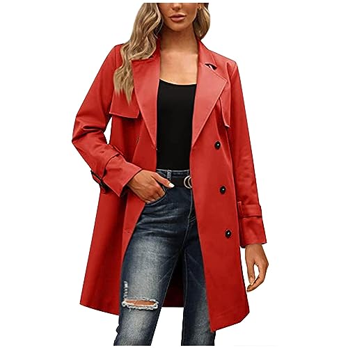 Trench Coat Costume, Women'S Fashion Casual Double Breasted Long Sleeve Coat With Belt Wool Blend Coat Women Pea Hooded Short Womens Brown Coat Faux Fur Hoodie Coats Hoodie (L, Red)