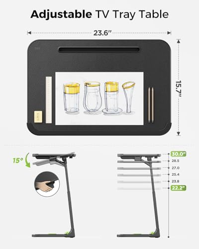 Image of SAIJI Easy Folding TV Tray Table Adjustable TV Dinner Tray | No Assembly Required, Leather Surface, Metal Frame, Extra Large, Sturdy and Stable, for Laptops and Eating on Couch & Bed