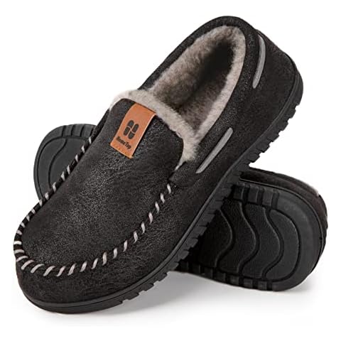 HomeTop Men's Moccasin Slippers Soft Faux Suede Plush Warm Lining Memory Foam Indoor House Shoes with Anti-Skid Sole (12, Black) Cover