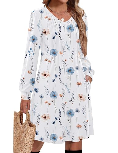 Robe d'automne manches longues au col en V plissé et coupe trapèze fluide Zeagoo