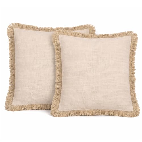 Funda de Cojín con Flecos, Blanco Roto, 45x45 cm, Set de 2 unidades. Estilos Boho Chic, Natural, Rústico, Elegante. Suave, Duradero, Lavable. Versátil para Sofá, Cama (2, Blanco Roto, 45x45 cm)