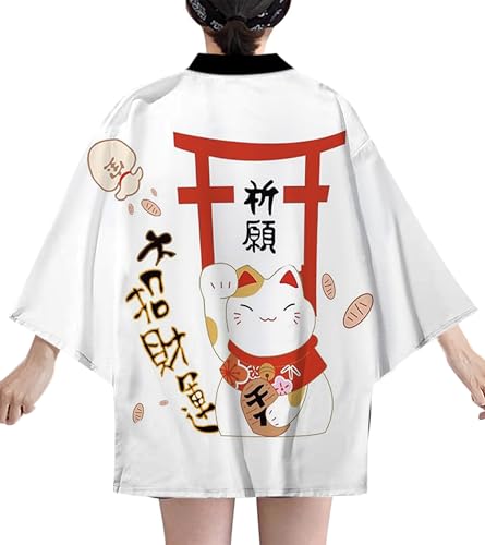 Image of LAI MENG FIVE CATS Women's Lucky Cat Cardigan Kimono Loose Cover up Casual Blouse Cute Tops