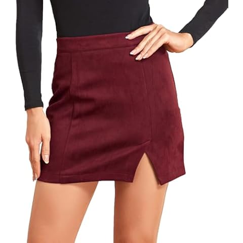 Plustrong Womens High Waist Faux Suede Side Slit Bodycon Fall Winter Mini Skirt (Wine red,L) Cover