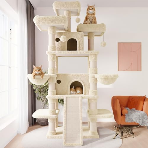 Image of SHA CERLIN 81 Inches Extra Large Cat Tree for Indoor Adult Cats /XXL Big Cat Tower with Condo /Cozy Perches /Sisal Scratching Posts and Hammocks /Activity Center /F80 /Heavy Duty /Beige