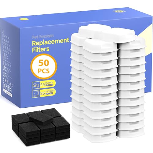 Image of GIOTOHUN Pet Water Fountain Filter: 50 Cat Water Fountains Filter - 25 Carbon Filters & 25 Foam Filters - Suitable for GIOTOHUN Stainless Steel Cat Fountain S11