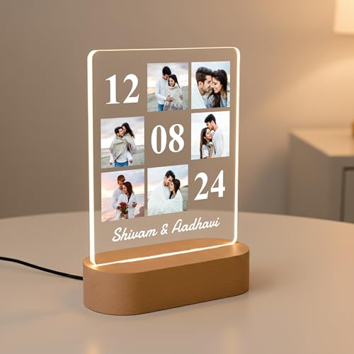 Image of Giftplease Customized Acrylic LED Photo Plaque with Wooden Base | Personalized Anniversary & Valentine's Day Gift | 6-Photo Collage Night Light with Special Date & Names | Warm Glow Home Decor