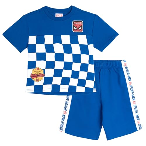 Image of Marvel Spider-Man Big Boys' 2-Piece T-Shirt and Shorts Set Blue White 14-16 | Drop Shoulder Design, Soft French Terry Shorts, Branded Side Taping
