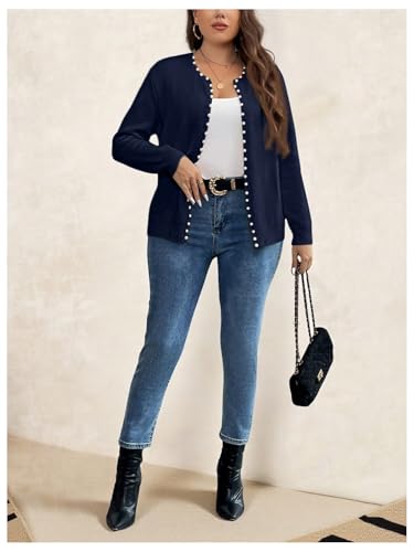 Image of BEAUDRM Women's Plus Size Pearls Beaded Cardigan Open Front Long Sleeve Casual Sweater Top
