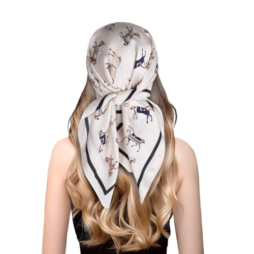 EXTREE Fashion Silky Satin Headscarf for Women Girls: Exquisite Pattern Lightweight Silk Graceful Scarfs 27.5 x 27.5 inches Solid Pony Beige