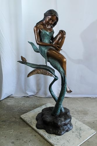 Estatua de bronce niña sentada en vid con pájaro 26x24x53 in miniatura 2