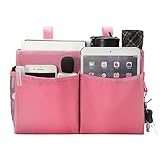 Bunk Bed Organizer, Bedside Caddy Hanging Bed Organizer Storage Bag with 4 Pockets and 2 Hooks, for College Dorm Rooms Bed, Hospital Bed, Baby Bed Rails, 600D Oxford Cloth (Pink)