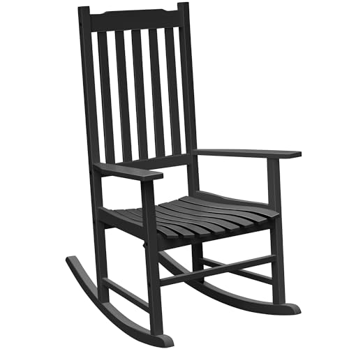 Flamaker Outdoor Rocking Chair Oversized Wooden Patio Chairs with Widened Armrest High Back Porch Rocker for Lawn, Garden, Backyard, Fire Pit (Black)
