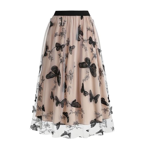 Women's Elastic High Waist Midi Mesh Skirt Butterfly Embroidery Beach A Line Princess Skirt