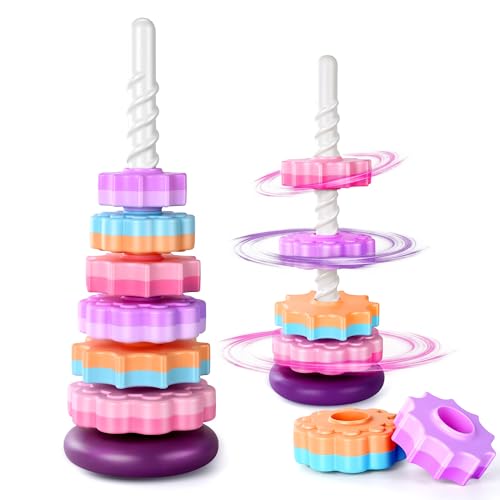 SIMPLEFINE Spinning Stacker Toy Stacking Toys for Toddlers 1-3 Montessori Sensory&Autism Toys Fine Motor Skills Ring Stacker Sit and Spin Toy for Babies 6-12 Months 16-Inch(Large Size)