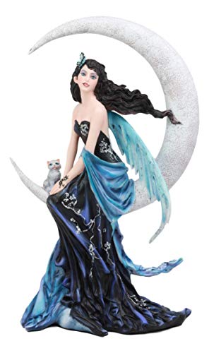 Ebros Large Indigo Moon Celestial Witching Hour Fairy with Kitten Cat Statue 11.75" Tall by Nene Thomas Fairy Goddess in Night Gown Figurine As Mythical Fantasy Home Decor Collectible by Nene Thomas