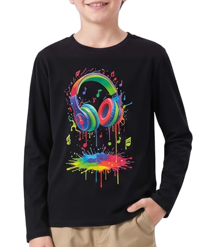 Redolox Boys Shirts Long Sleeve Black Tshirt Crewneck Graphic Tees Cool Earphone Print Shirt Size 7 8 Age 7-8 Years Old Boy Fall Tops