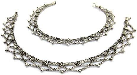Handmade Womens Boho Anklets Pair | Silver Plated Brass Copper Metal Chain Vintage Antique Oxidized Finish | Inidan Payal Feet Ankle Bracelet Fashion Jewelry | Traditional Bollywood Festival Gypsy Hippie Goth Rave Style